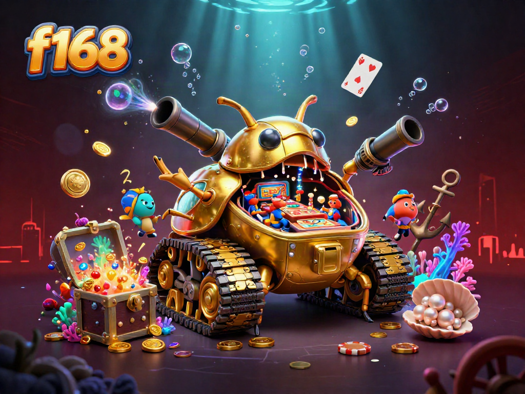 Experience a dynamic f168 casino scene with a golden beetle tank and festive elements in vivid detail.
