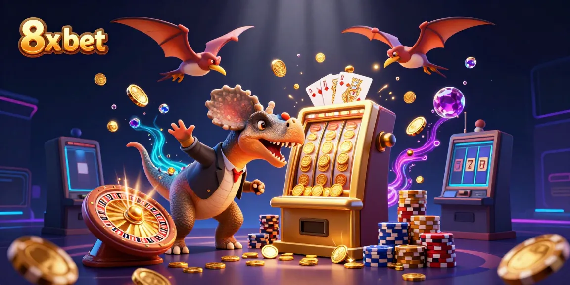 Experience exciting jackpots with 8x bet as a cartoon dinosaur hits the golden slot machine and coins fly.