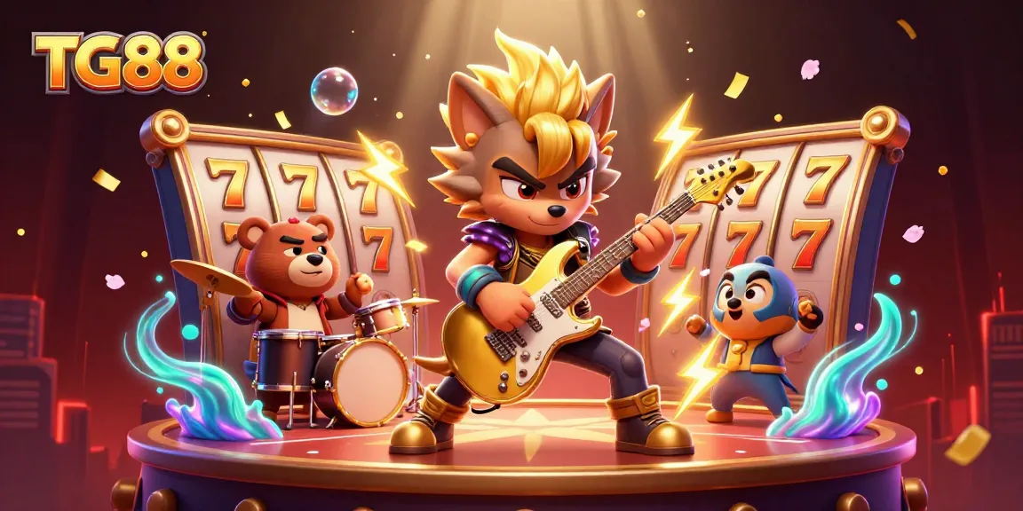 TG88 features an energetic casino scene with a rock star wolf, spinning slot reels, and lively confetti.