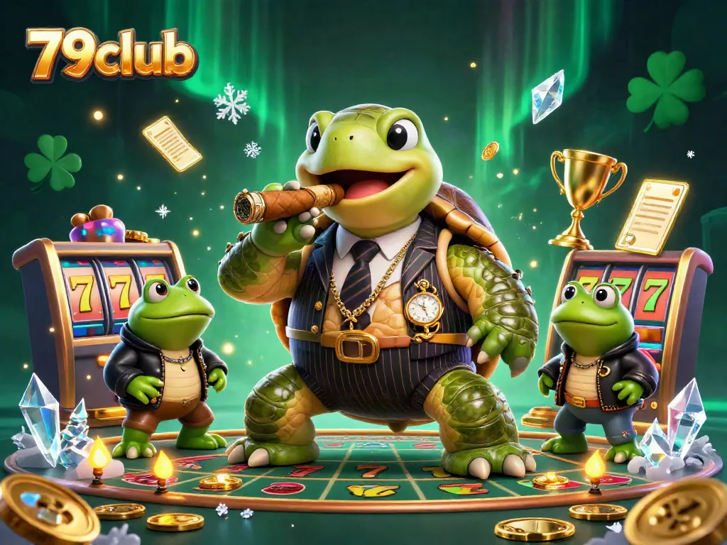 Engaging casino scene depicting 79club with a turtle in mobster attire, showcasing vibrant slot game elements and dynamic action.