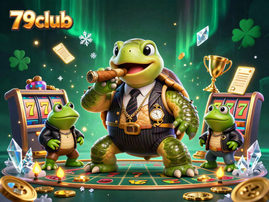 Engaging casino scene depicting 79club with a turtle in mobster attire, showcasing vibrant slot game elements and dynamic action.