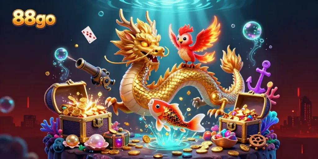 Engage in thrilling adventures with 88go, where a golden dragon, phoenix, and koi fish bring luck and rewards.