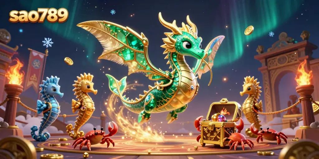 Engage with sao789's vibrant 3D casino world featuring a majestic sea dragon, treasure, and dynamic game elements.