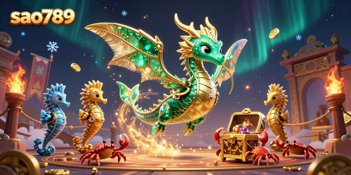 Engage with sao789's vibrant 3D casino world featuring a majestic sea dragon, treasure, and dynamic game elements.