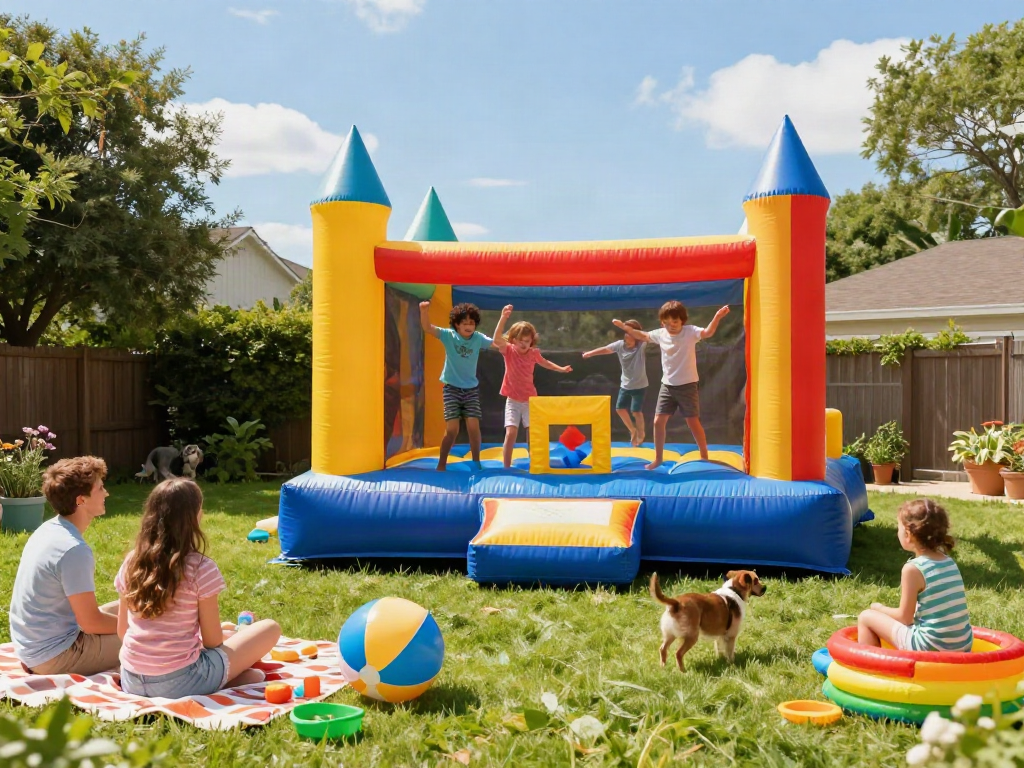 Children enjoying a bright bounce castle outdoors during a summer party, surrounded by playful toys and a cheerful atmosphere.