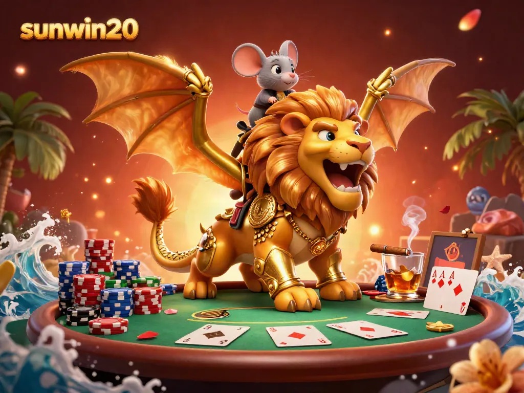 Experience the thrill of sunwin20 with a vibrant 3D illustration featuring a chimera creature at a poker table.