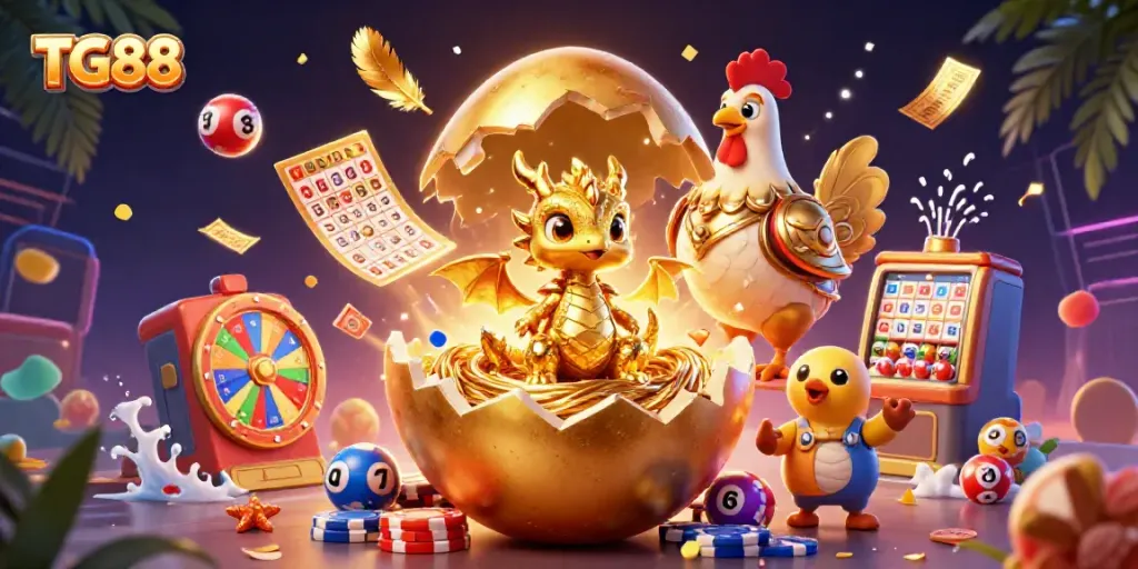 Engage in thrilling gaming with TG88, featuring a golden dragon amidst vibrant casino games.
