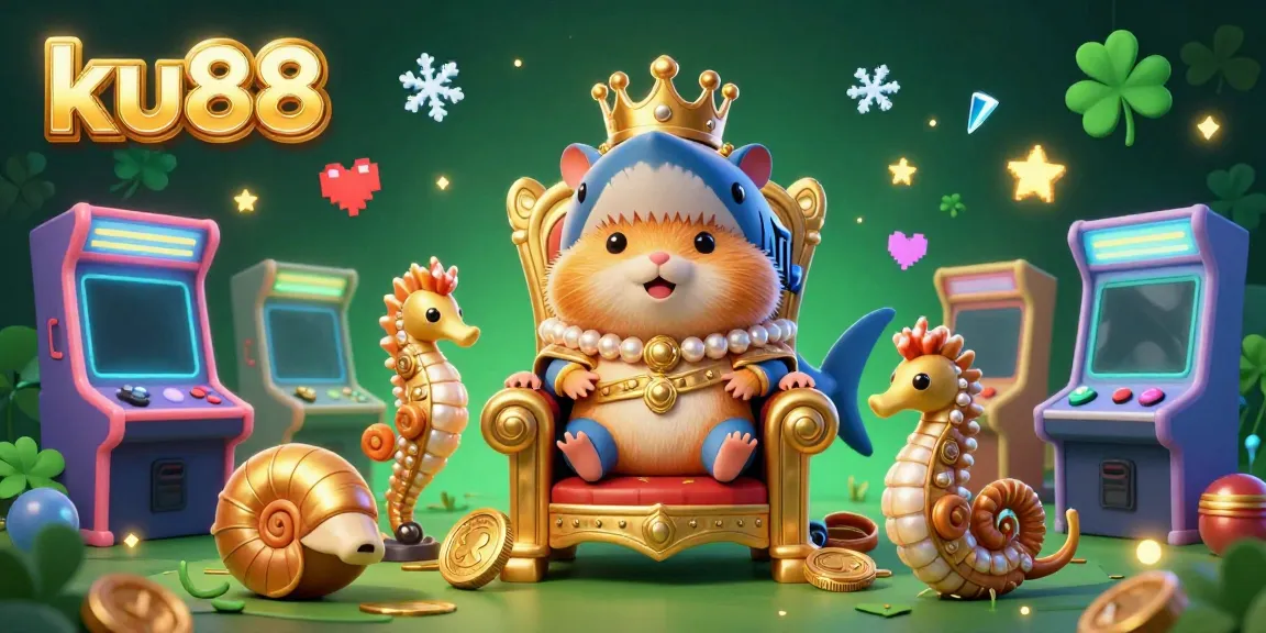 Experience thrilling gameplay at ku88 with a golden hamster king on a megalodon throne, surrounded by arcade action.