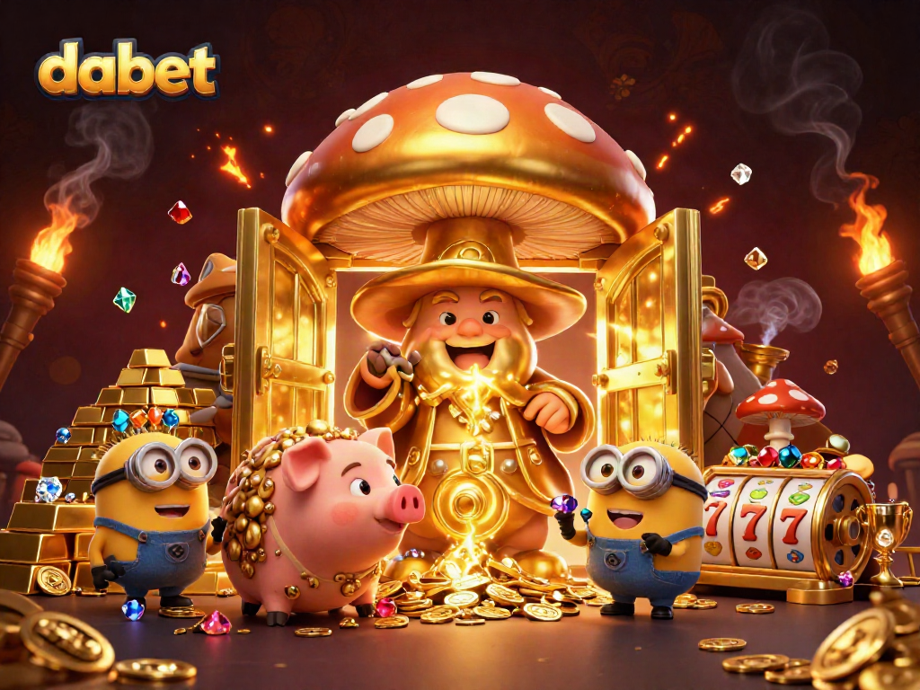 Dabet offers a rich gaming experience with a golden mushroom wizard and treasures in this vibrant casino scene.