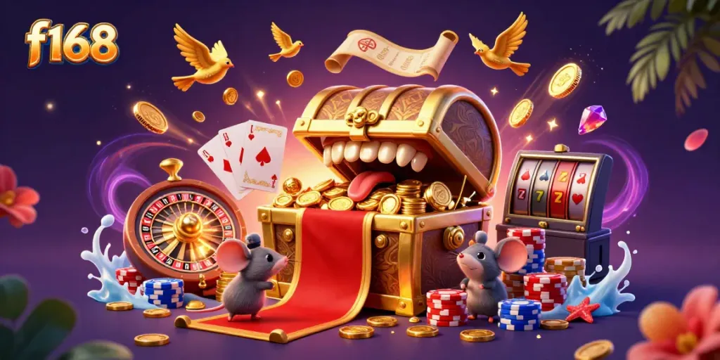 Experience excitement at f168 with a treasure-themed gambling scene filled with animated rewards and gaming elements.