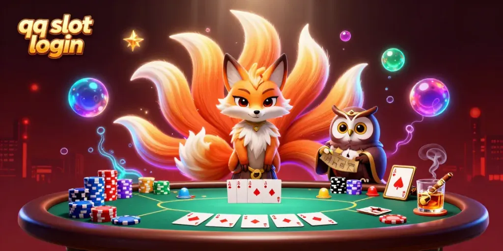 Engage in QQ slot login with vibrant casino fantasy featuring a mystical fox spirit and an owl sage.