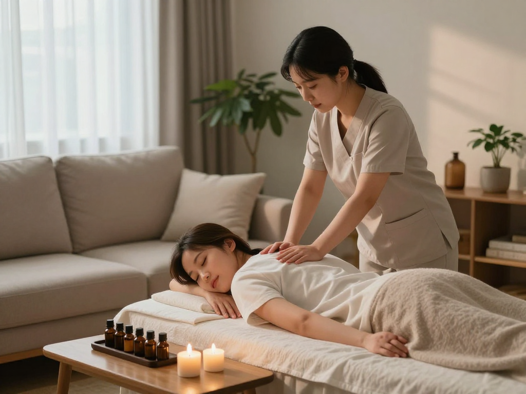 Enjoying a relaxing 종로출장마사지 at home with professional therapist and calming atmosphere.