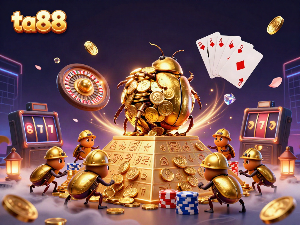 Experience thrilling gaming action with ta88, featuring a golden dung beetle rolling coins and vibrant casino elements.