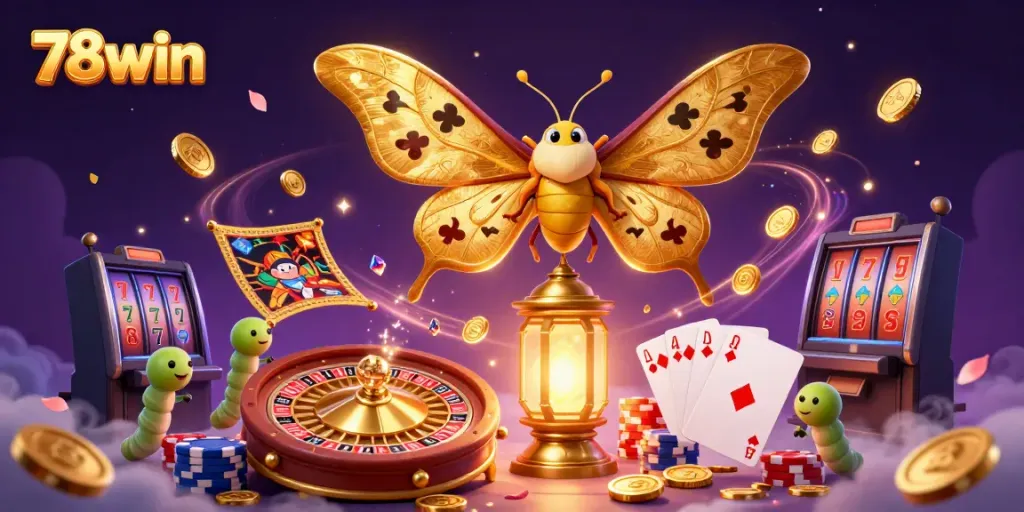 Experience thrilling gaming with 78win's vibrant 3D casino illustration showcasing slots and live gaming elements.