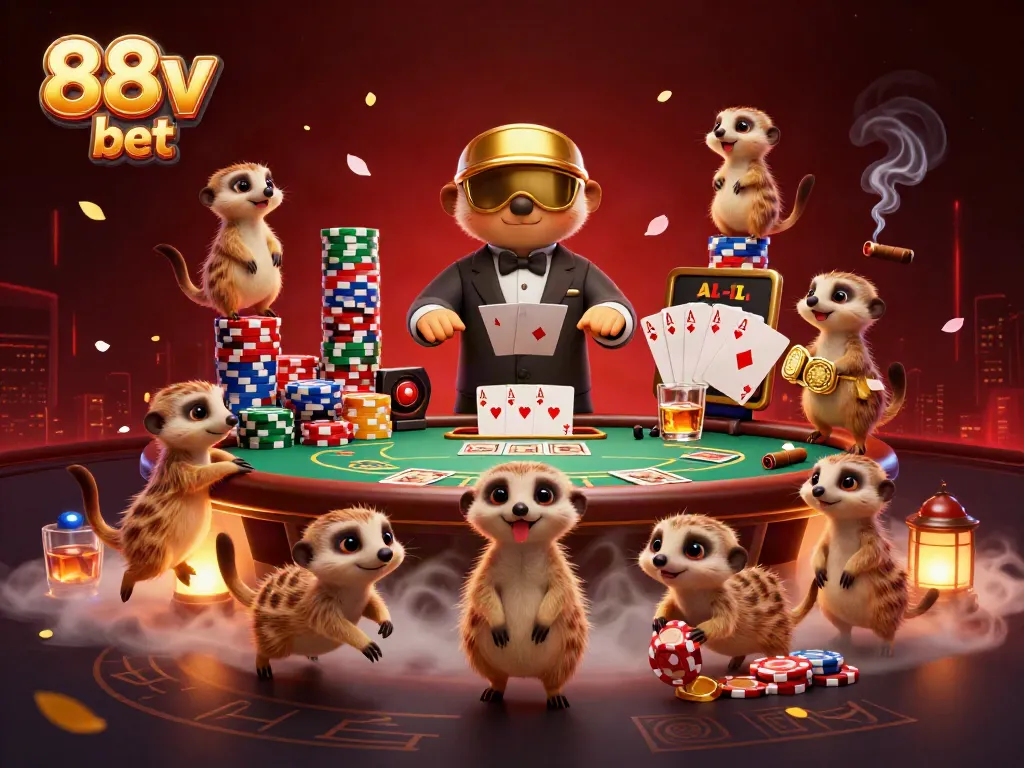 Experience excitement at 88v bet with meerkats operating a vibrant casino scene.