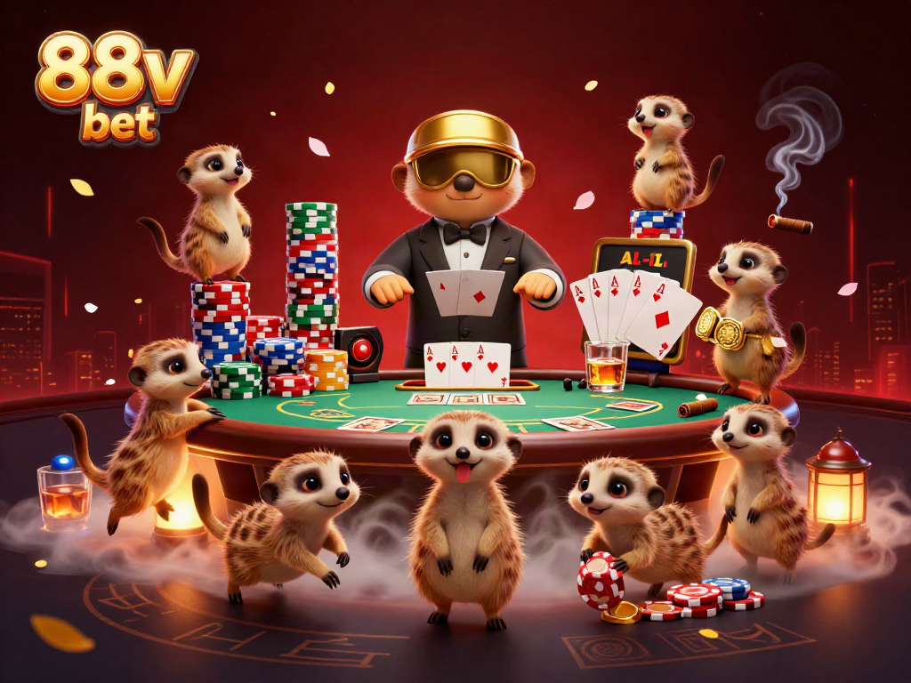 Experience excitement at 88v bet with meerkats operating a vibrant casino scene.