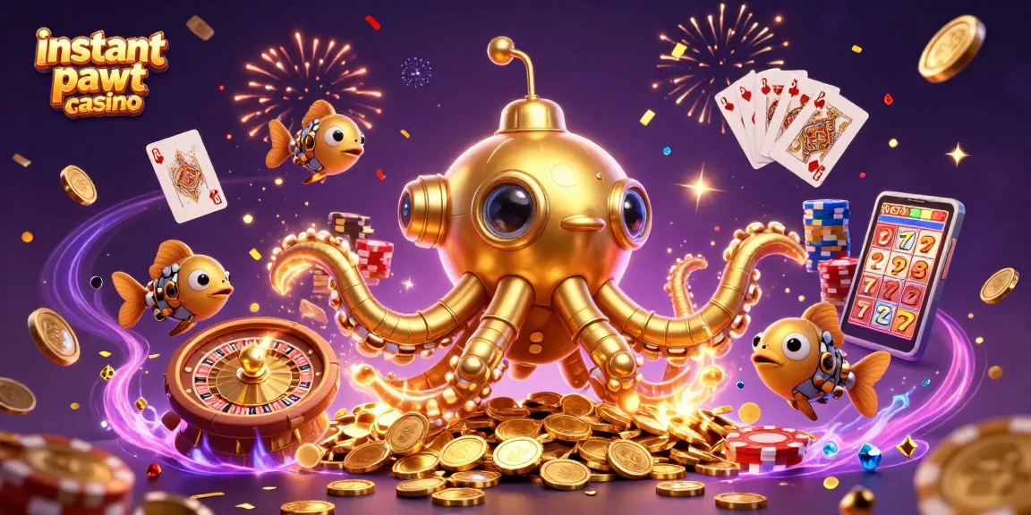 Experience thrilling action at instant payout casino with a vibrant 3D kraken submarine amidst golden coins and dynamic gaming elements