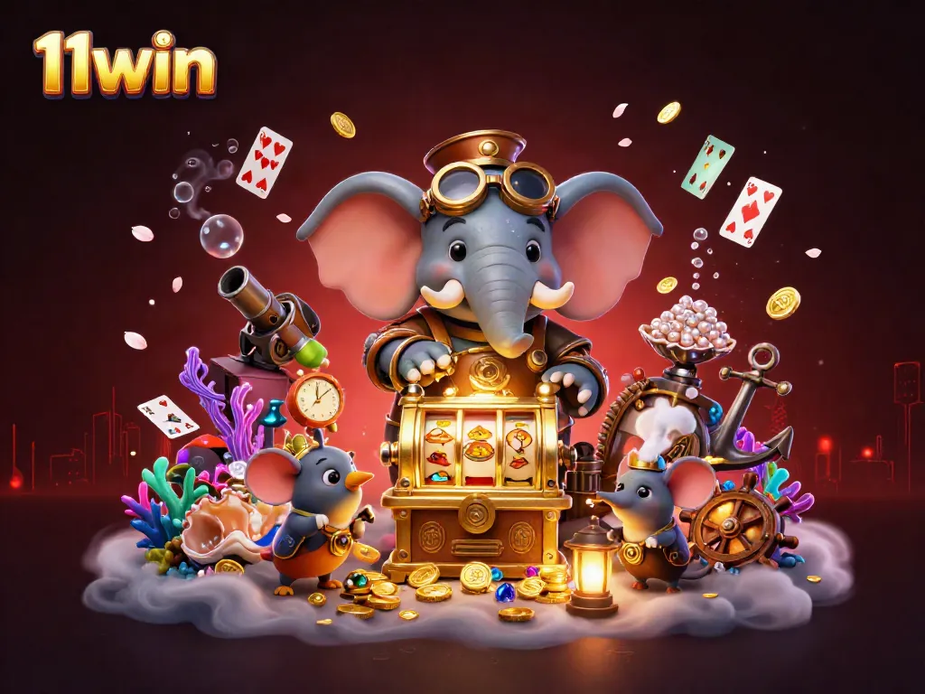 Engage with the exciting 11win slot experience featuring a steampunk elephant and vibrant casino elements.