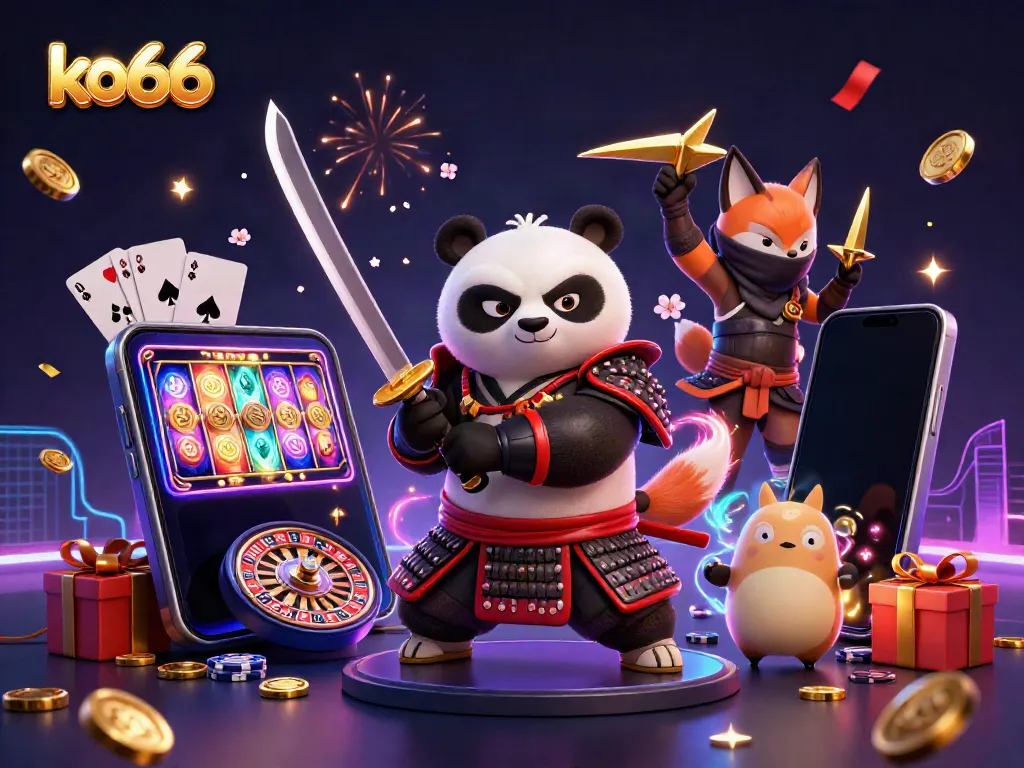 Engage in thrilling gaming with ko66's vibrant 3D casino characters and dazzling slot elements.