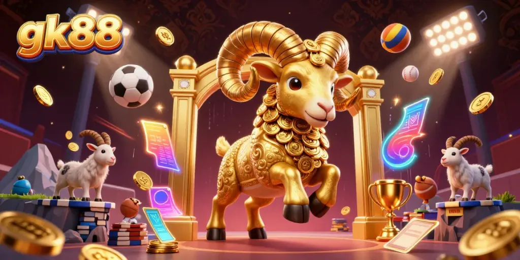 Engage with gk88's thrilling scene showcasing a golden ram charging through a vibrant sports betting environment.