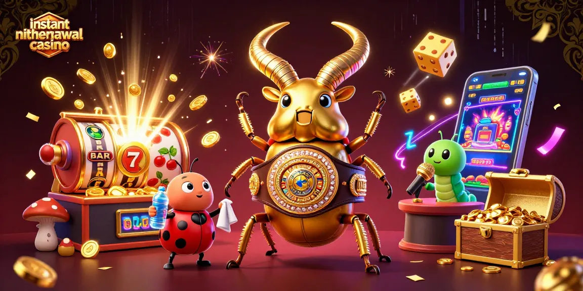 Engage with the instant withdrawal casino scene featuring a giant cartoon golden stag beetle ready to fight, surrounded by dynamic game elements and energy.