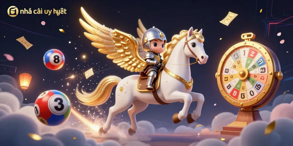 Experience excitement with nhà cái uy tín as colorful lottery balls bounce and rewards surround a knight and celestial horse.