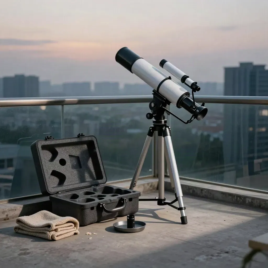 Compact refractor telescope on a condo balcony at dusk with case and blanket, city haze beyond.