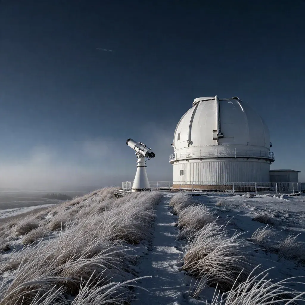 Snow-dusted prairie observatory under a meteor streak before dawn, with a faint launch plume.