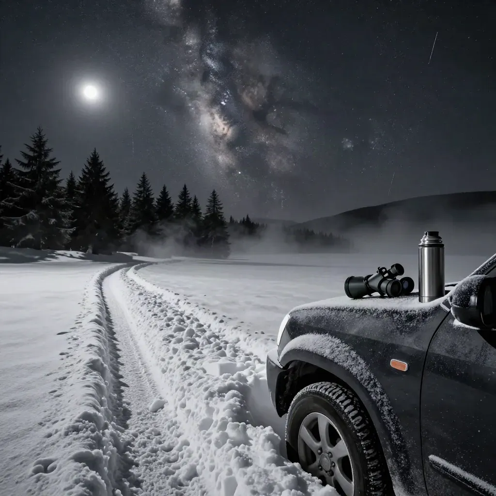 Small telescope and thermos on a frosty car hood beneath meteors over an alpine pullout.