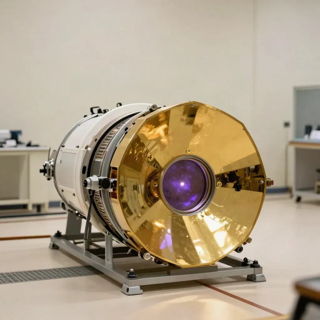 Space telescope mirror in a cleanroom, gold facets reflecting calibration lights.