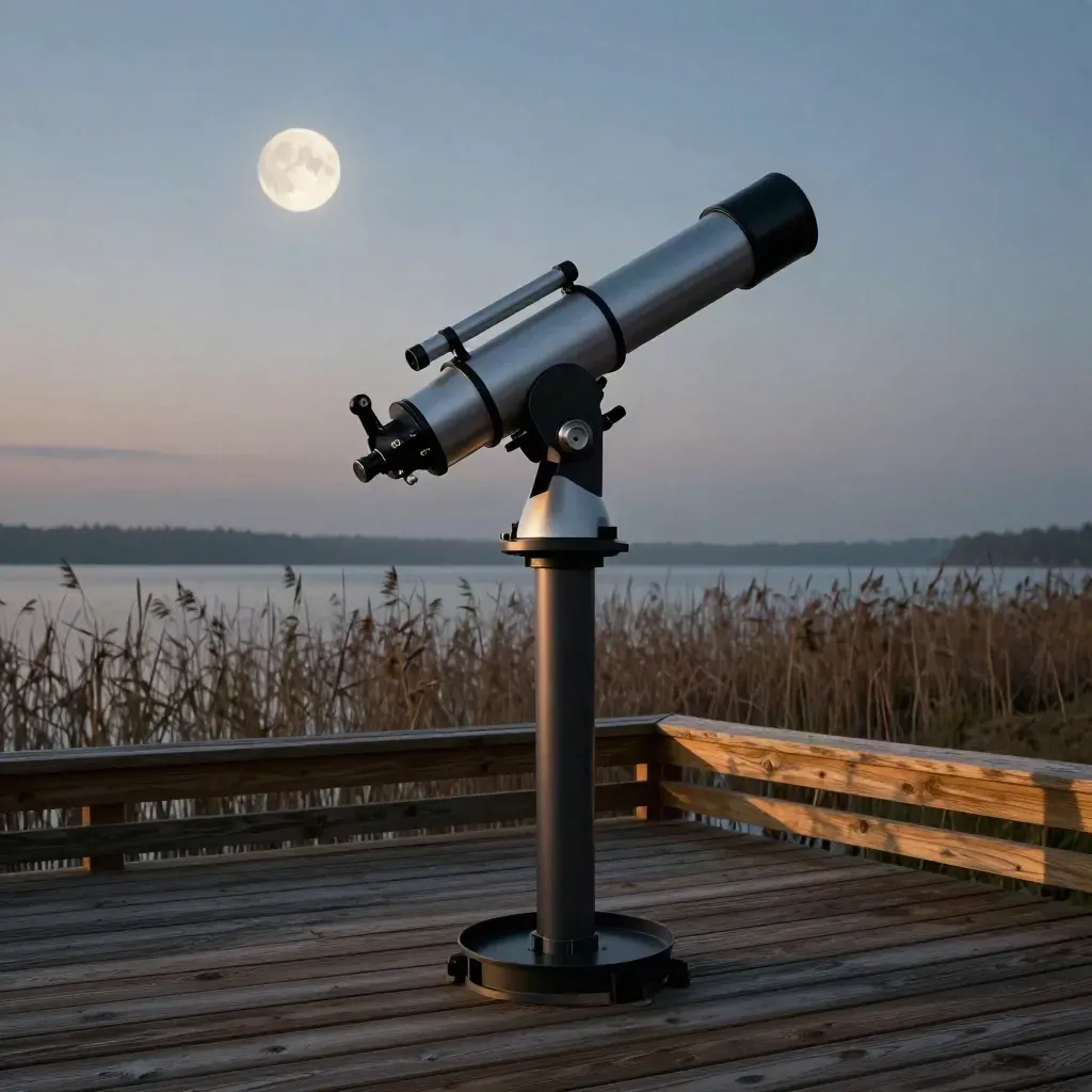 Dobsonian telescope on a lakeside deck at dusk, Saturn rising through blue-hour haze.