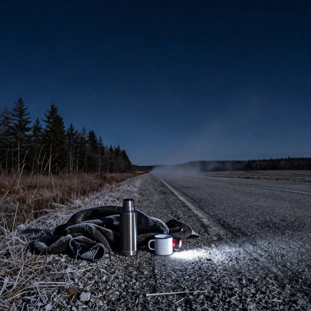 Meteor streaks above a northern turnout with a blanket and thermos under a dark treeline.