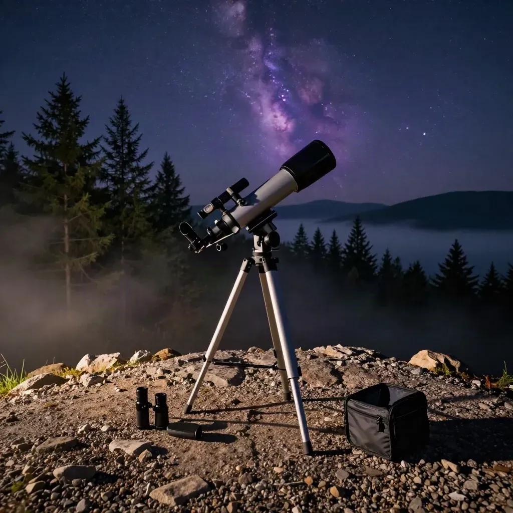 Beginner telescope on gravel overlook under clearing sky with star cluster above pines