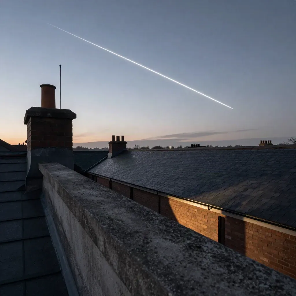 ISS streak over a rooftop chimney and antenna at twilight