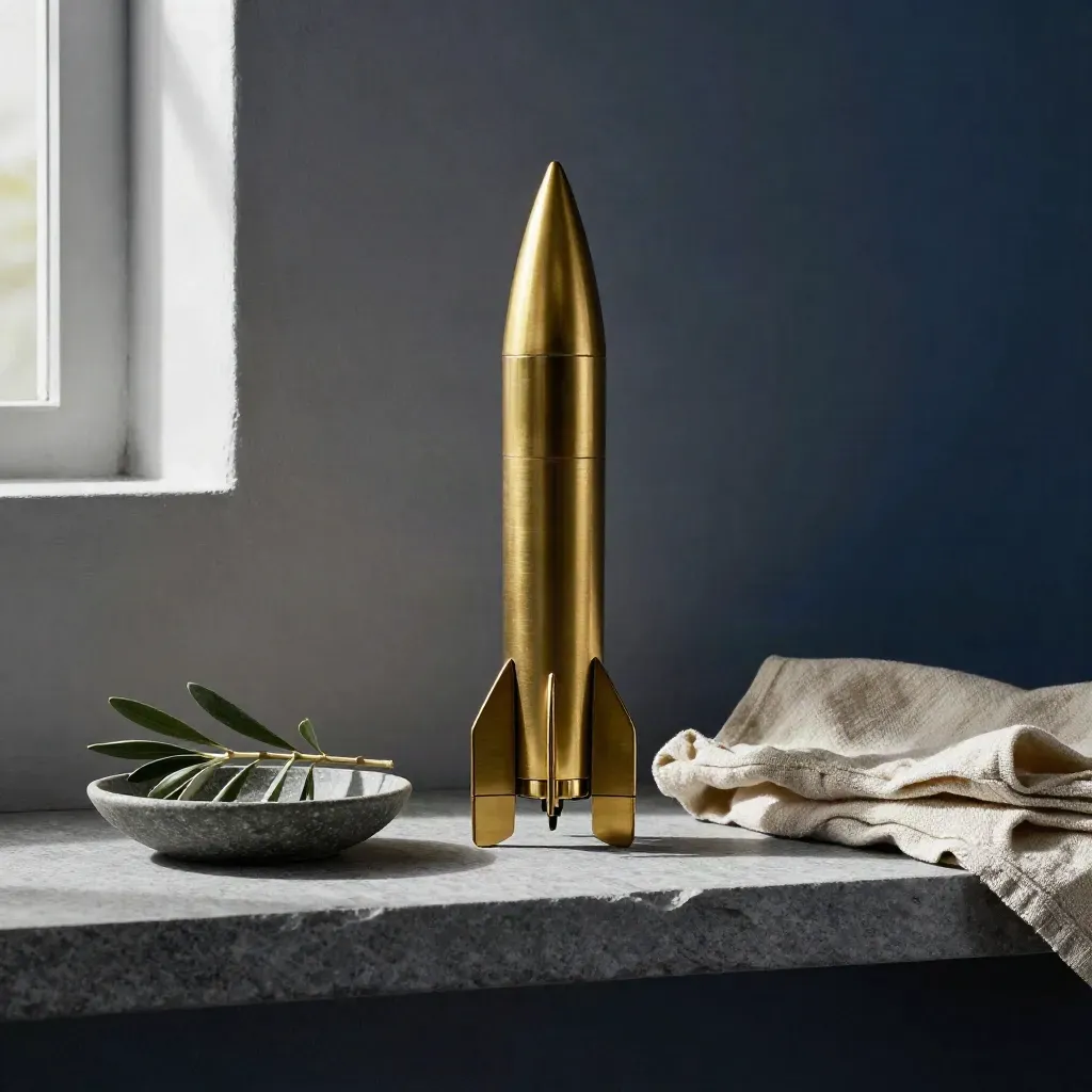 Brass model rocket with stone dish, olive sprig, and linen cloth on a stone shelf.