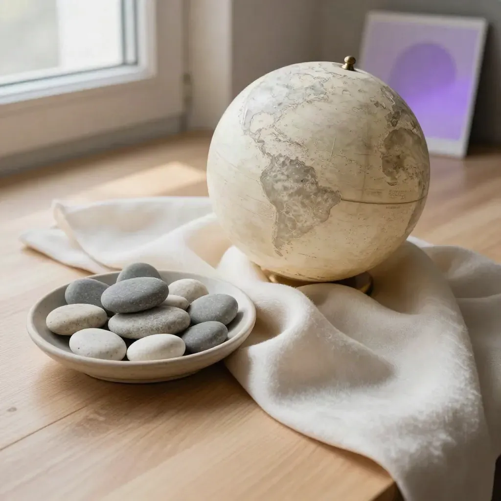 Ivory moon globe with pebbles and wool on a maple desk, lit by soft morning light.