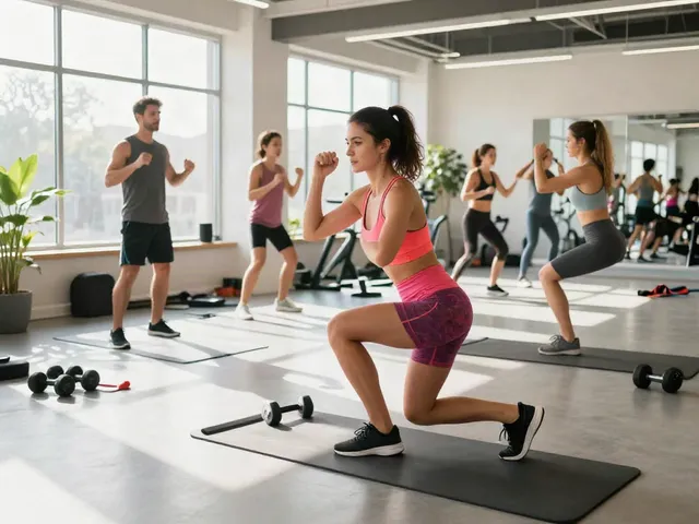 Energetic fitness workout scene showcasing a woman performing high knees exercise in a vibrant gym environment.