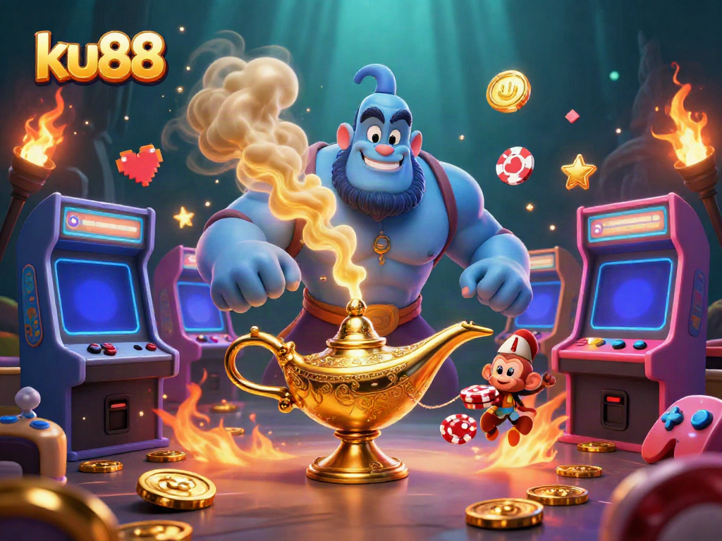 Engage in thrilling gameplay at ku88 with a vibrant casino scene featuring a genie, monkey, and poker chips.