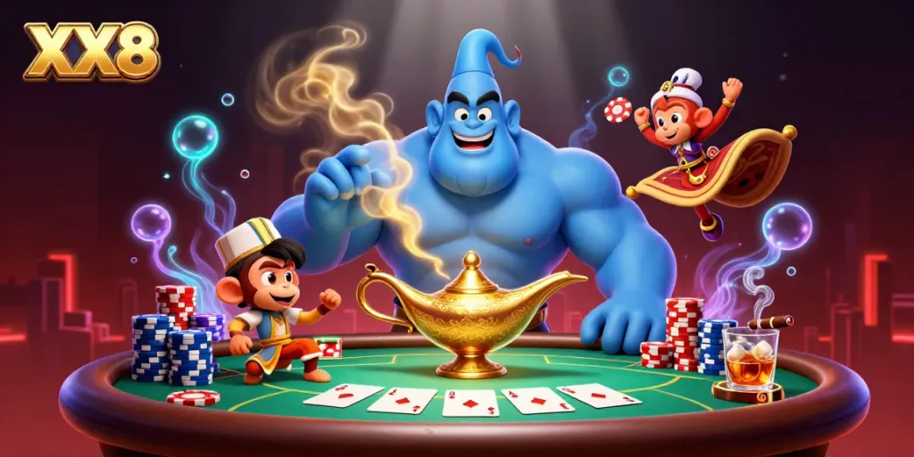 Engage with XX8's vibrant casino features through a 3D illustration with genie and poker elements.