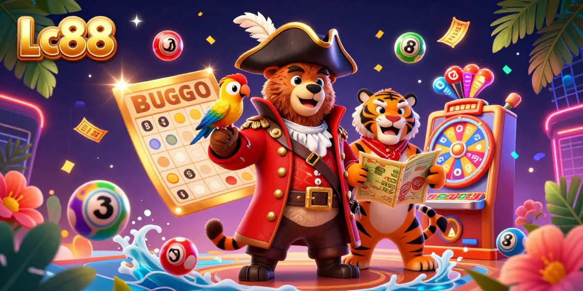 Engage with Lc88's vibrant casino atmosphere, where a pirate bear, tiger first mate, and golden-feathered parrot celebrate lottery excitement.