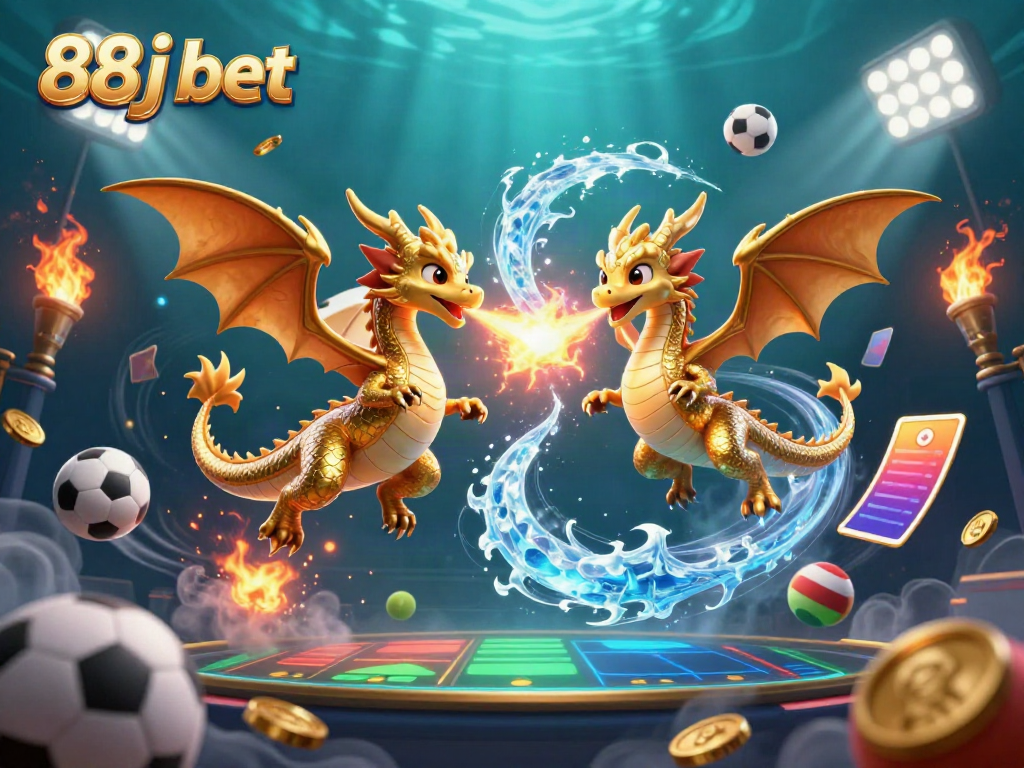 Experience thrilling 88j bet action with colorful dragons and vibrant sports elements in this captivating illustration.