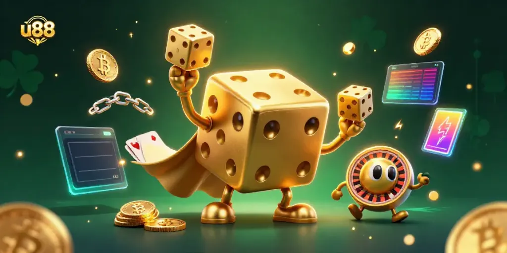Win big at u88 with exciting illustrations of golden dice and crypto coins!