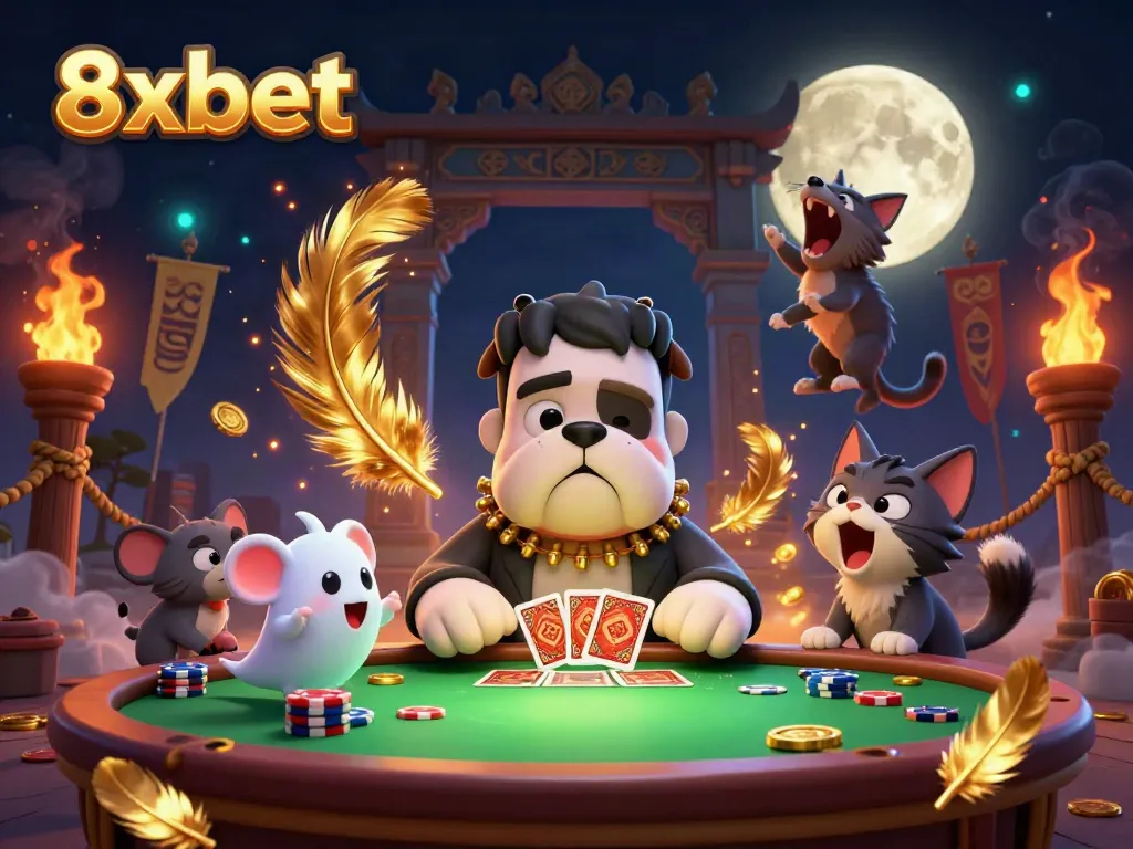 Experience thrilling gameplay with 8xbet as colorful characters deal cards amidst casino excitement.