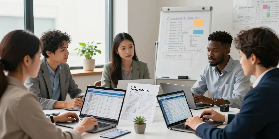 Team collaborating on the Quebec sales tax calculator 2026, discussing tax rates in a professional office setting.