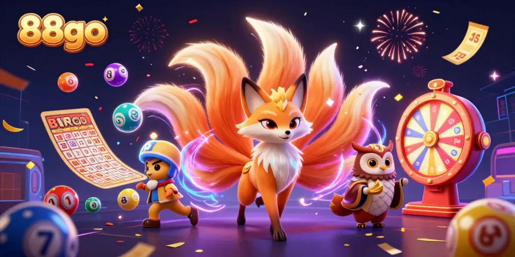 Engage with the vibrant 88go casino scene featuring a magical nine-tailed fox spirit and an owl sage.