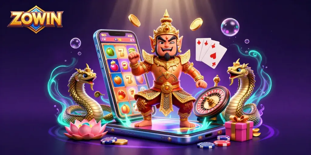 ZOWIN showcases slots in a vibrant illustration with a guardian, Naga serpents, and casino elements.