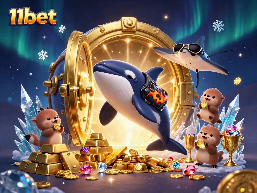 Experience thrilling moments at 11bet with dynamic casino characters jumping amidst treasures.