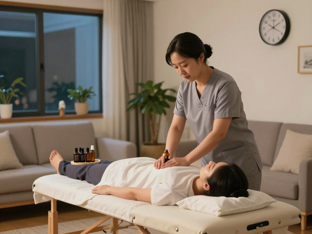 Enjoying 오산출장안마 in a serene home setting with a professional therapist and soothing ambiance.