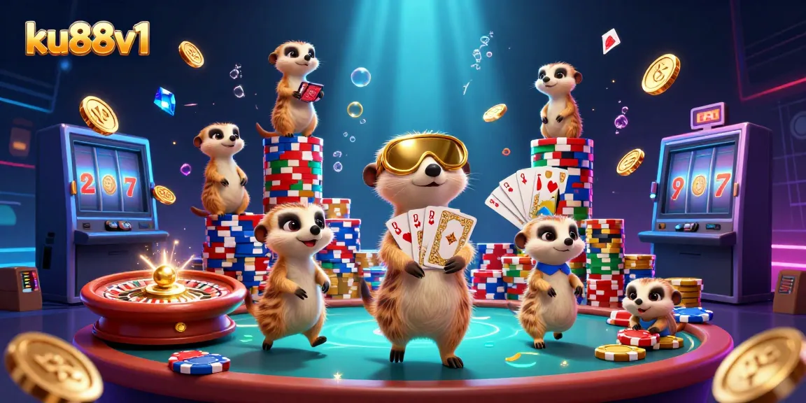 Experience the excitement at ku88v1 with 3D meerkats managing a lively casino, vibrant gems, and cascading coins.