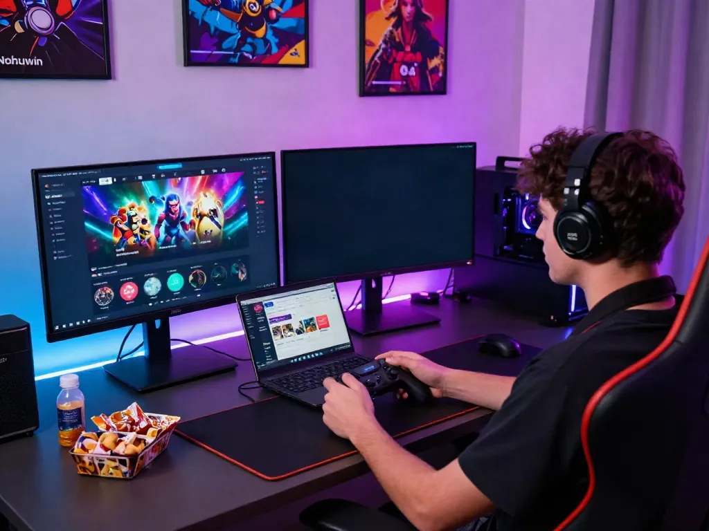 Nohuwin gaming platform experience with vibrant interface, player engaged at modern gaming desk.